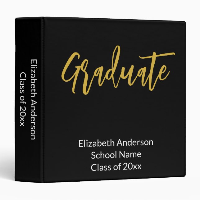 Graduate Black White Gold Grad Name Graduation Binder (Front/Spine)