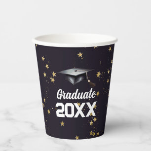 Graduate Blue Gold Glitter Confetti Graduation Cap Paper Cups
