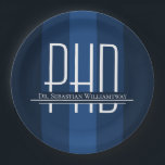 Graduate Blue PhD Graduation Party Paper Plate<br><div class="desc">A PhD graduation party plates with a blue and white colour scheme. Simply customize the graduate’s name,  add these plates to your cart,  and celebrate this major accomplishment.

Graduate Blue PhD Graduation Party Paper Plate
Holidayday Design   |   ©Melissa Patton - Designer</div>