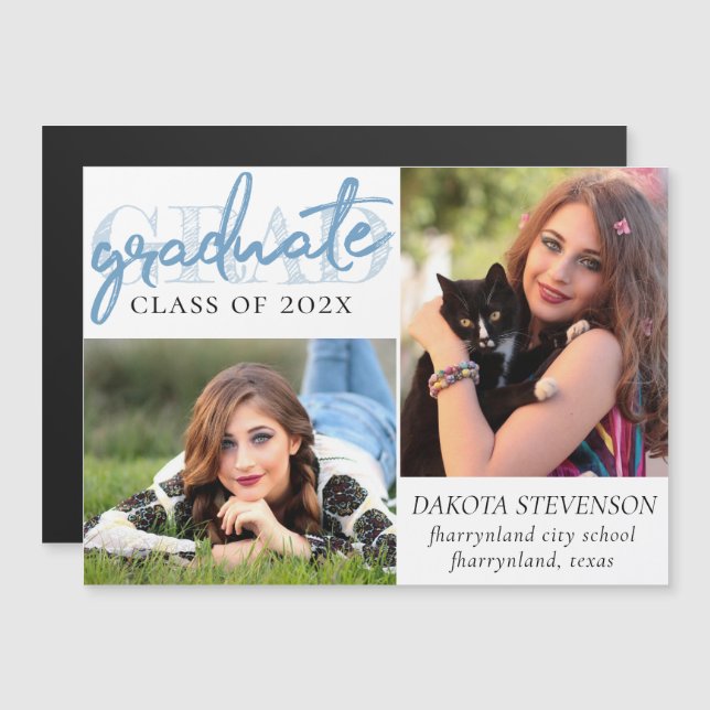 Graduate Blue Script | Cool Brush 2 Photo Keepsake Magnetic Invitation (Front/Back)