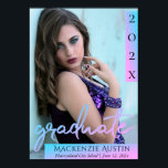 Graduate Blue Script | Cool Brush Photo Keepsake Poster<br><div class="desc">Chic graduation vertical template with a photo overlay and accents in a sophisticated black and light robin egg blue palette. The design features a chic hand-lettered brush script “graduate” typography overlay and picture along with the grad’s name and graduation year. #bound #classof2019 #gradparty #graduationparty</div>