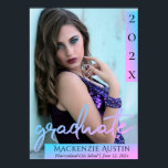 Graduate Blue Script | Cool Brush Photo Keepsake Poster<br><div class="desc">Chic graduation vertical template with a photo overlay and accents in a sophisticated black and light robin egg blue palette. The design features a chic hand-lettered brush script “graduate” typography overlay and picture along with the grad’s name and graduation year. #bound #classof2019 #gradparty #graduationparty</div>