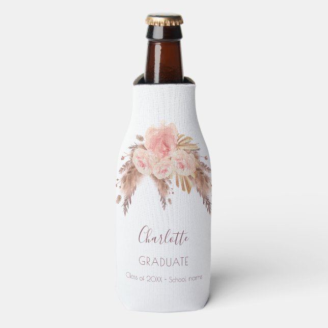 Graduate blush rose floral pampas grass bottle cooler (Bottle Front)