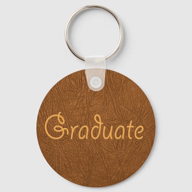 Graduate Brown Cowhide Leather Texture Look Keychain (Front)