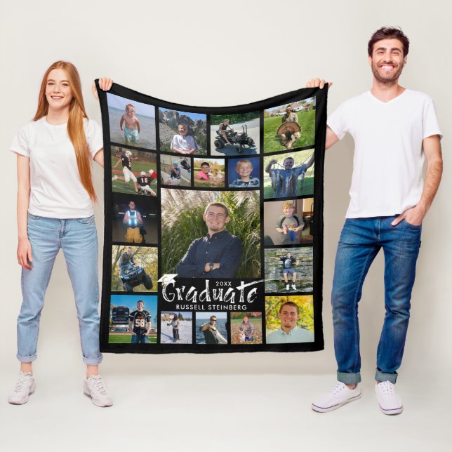 Graduate Brush Typography 19 Photo Collage Black Fleece Blanket (In Situ)