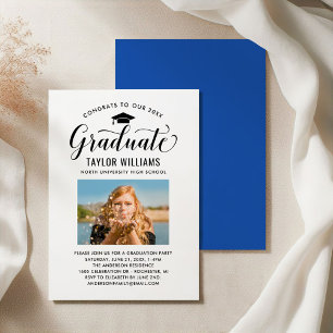 Graduate Calligraphy Photo Blue Graduation Party Invitation