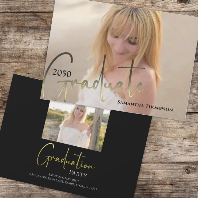 Graduate Calligraphy Script Black Gold Two Photo Invitation (Creator Uploaded)
