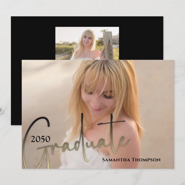 Graduate Calligraphy Script Black Gold Two Photo Invitation (Front/Back)