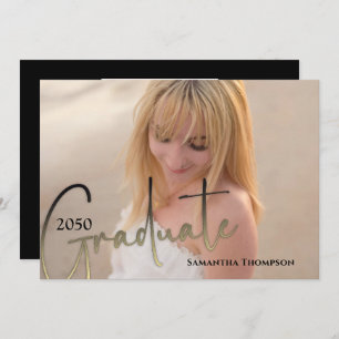 Graduate Calligraphy Script Black Gold Two Photo Invitation
