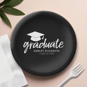 Graduate Cap with Class of and Name - Change Black Paper Plate