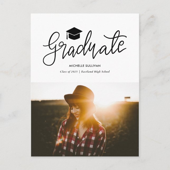 Graduate Casual Script | Modern Grad Photo Announcement Postcard (Front)