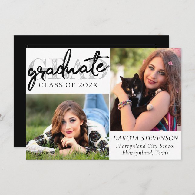 Graduate Chic Script | Simple 2 Photo Keepsake Invitation (Front/Back)
