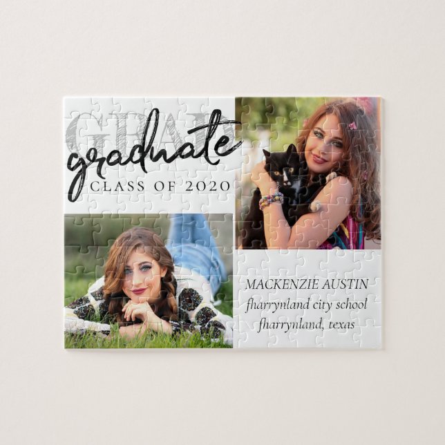 Graduate Chic Script | Simple 2 Photo Keepsake Jigsaw Puzzle (Horizontal)