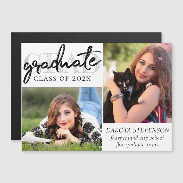 Graduate Chic Script | Simple 2 Photo Keepsake Magnetic Invitation (Front/Back)