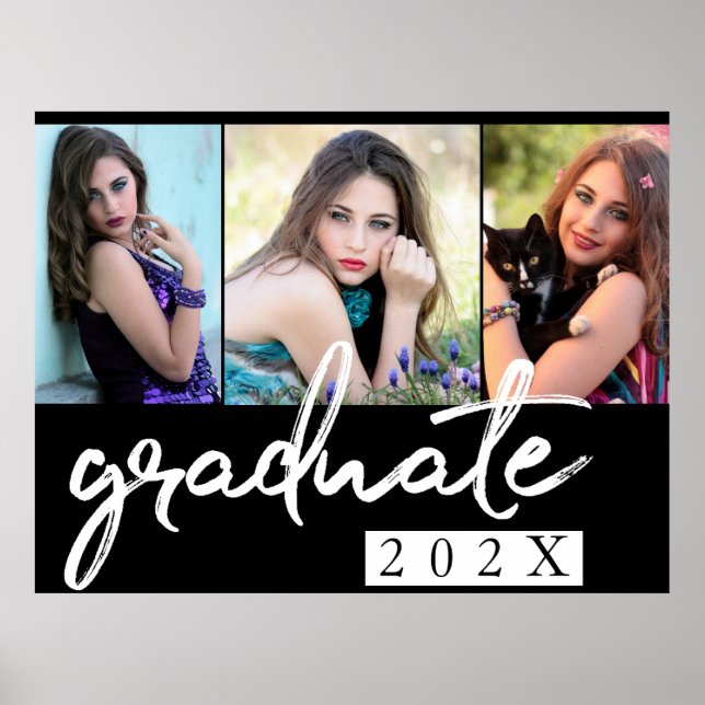 Graduate Chic Script | Simple 3 Photo Keepsake Poster (Front)