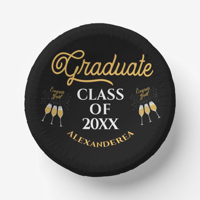 Graduate Class Congrats Gold Black Personalize Paper Plate (Front)