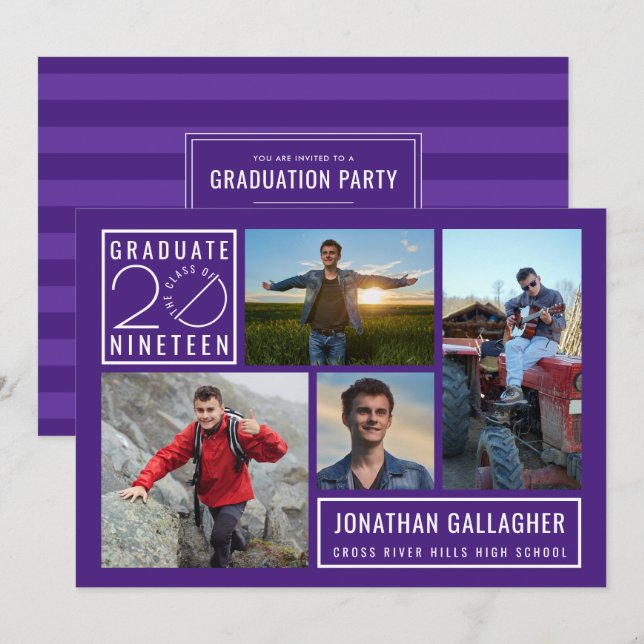Graduate Class of 2019 4-Photo Purple Party Invitation (Front/Back)