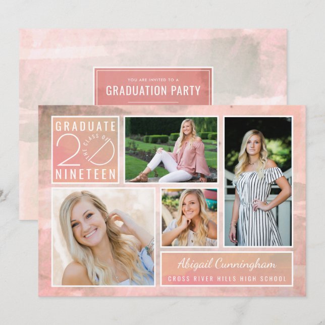 Graduate Class of 2019 4-Photo Watercolor Party Invitation (Front/Back)
