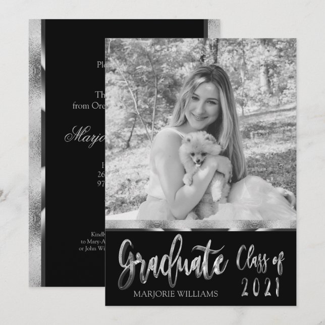 Graduate Class of 2021 Silver Black and White Invitation (Front/Back)