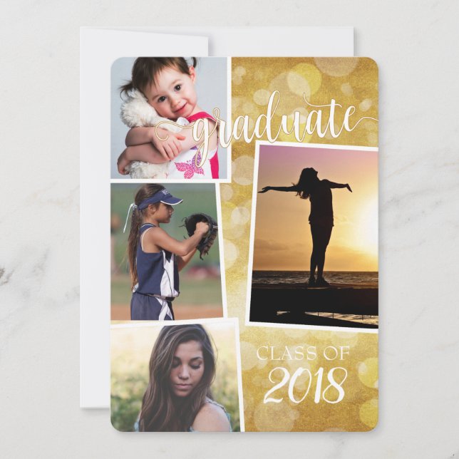 Graduate Class of 20__ Gold Bokeh with 4 pics Invitation (Front)