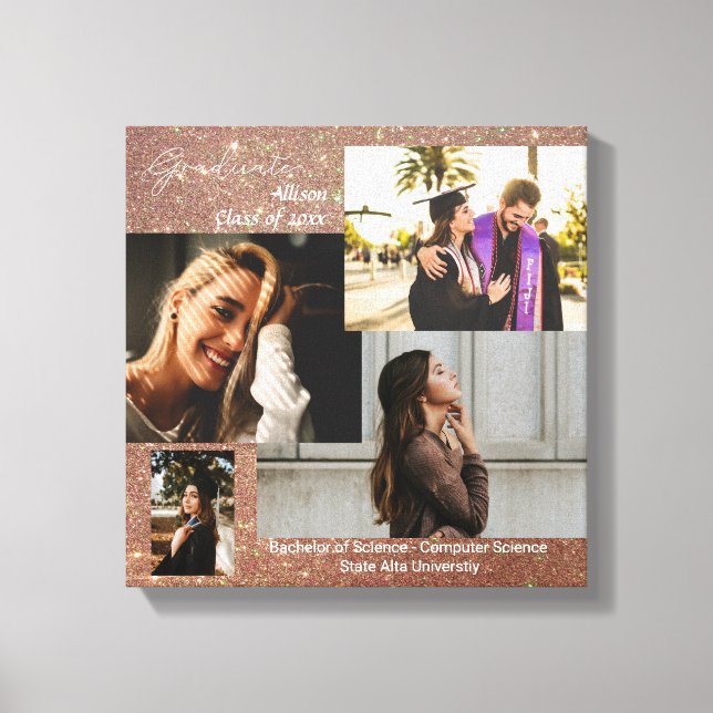 Graduate Class of Photo Collage Rose Gold Glitter Canvas Print (Front)
