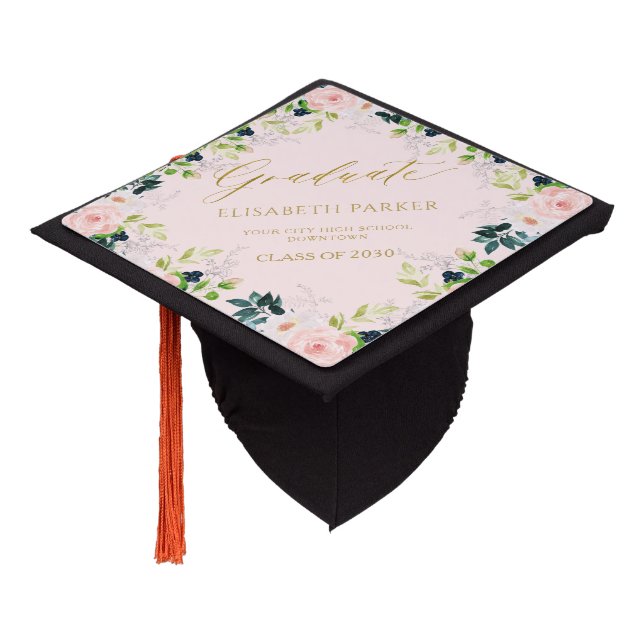 Graduate class year and school floral gold script  graduation cap topper (Angled)