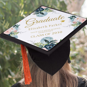 Graduate class year and school floral gold script graduation cap topper