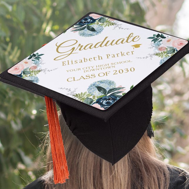 Graduate class year and school floral gold script graduation cap topper (Creator Uploaded)