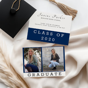 Graduate Classic Blue Add Two Photos Custom Announcement