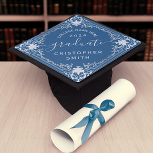 Graduate Classic Blue Faux Silver Vintage Elegant Graduation Cap Topper