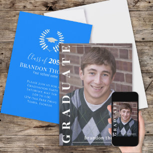 Graduate Classic Photo Simple Laureate Azure Blue Invitation