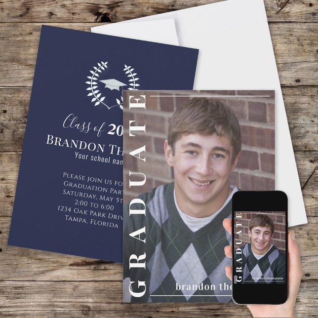 Graduate Classic Photo Simple Navy Blue Laureate  Invitation (Creator Uploaded)