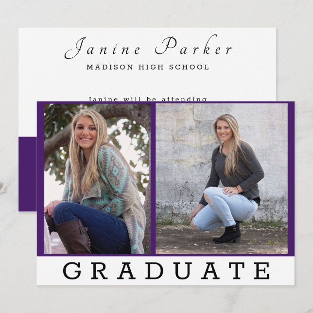 Graduate Classic Purple Add Two Photos Custom Announcement (Front/Back)