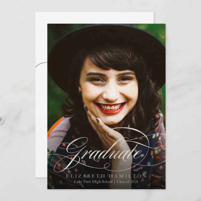 Graduate Classy Silver Script Grad Party Photo Invitation (Front/Back)