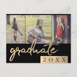 Graduate Collage   Gold Script 3 Photo Keepsake Invitation Postcard