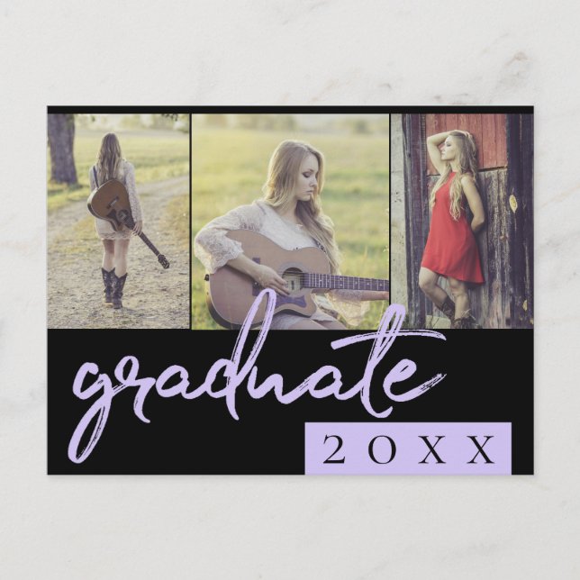 Graduate Collage | Lavender Brush 3 Photo Keepsake Invitation Postcard (Front)