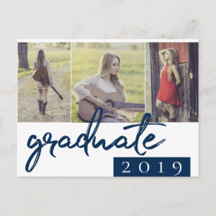 Graduate Collage Navy Script 3 Photo Keepsake Invitation Postcard