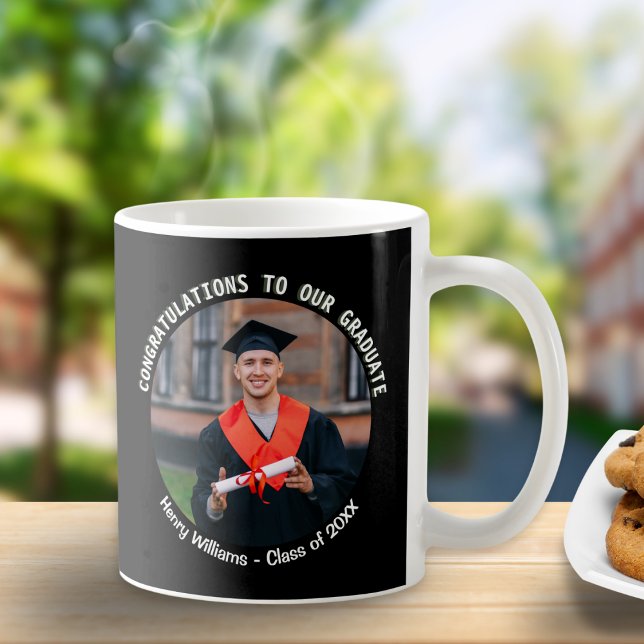 Graduate Congratulations Black Keepsake Photo Coffee Mug (A stylish mug for a graduate, with congratulations message, custom photo, name and 'class of' year)
