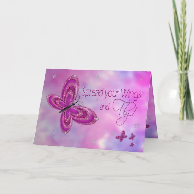 Graduate, CONGRATULATIONS,  Pink Glitzy Butterfly Card (Front)