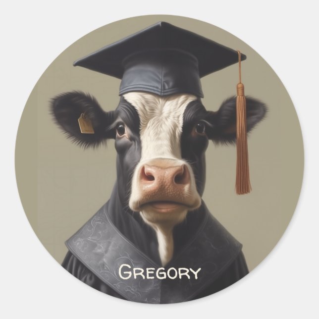 Graduate Cow Classic Round Sticker (Front)