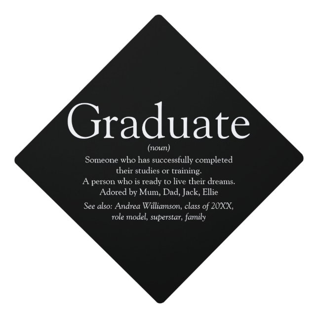 Graduate Definition Fun Modern Black And White Graduation Cap Topper (Front)