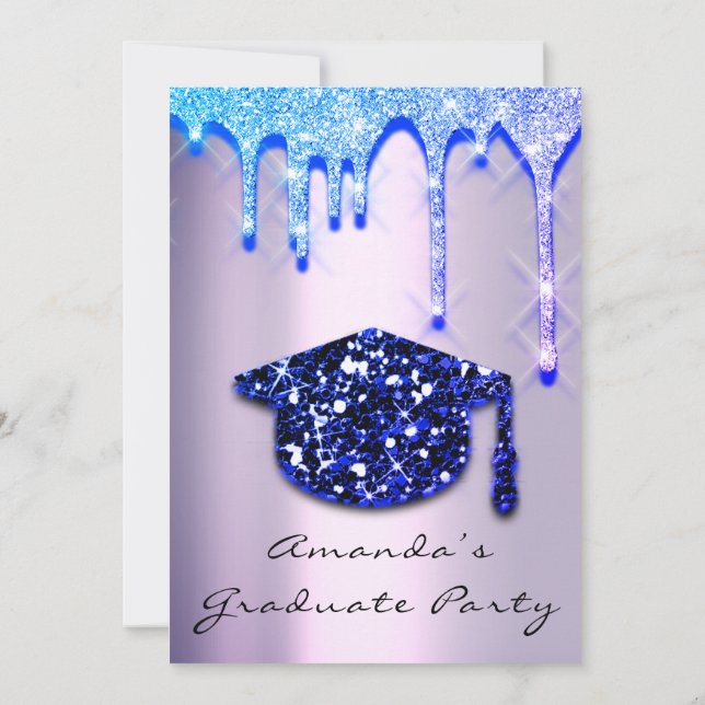 Graduate Drips Blue Navy Cap3D Effect Glam Purple Invitation (Back)