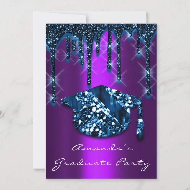 Graduate Drips Purple Navy Cap3D Effect Glam Party Invitation (Back)