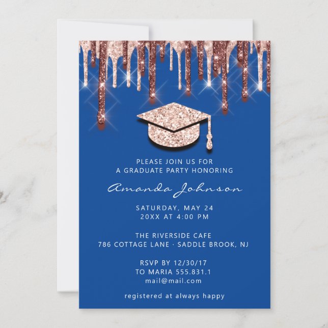Graduate Drips Rose Gold Cap 3D Glam Royal Blue Invitation (Front)