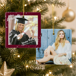 Graduate Editable Burgundy & Stars, Two-Photo Ceramic Ornament