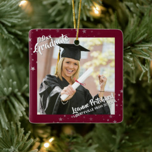 Graduate Editable Burgundy & Stars, Two-Photo Ceramic Ornament
