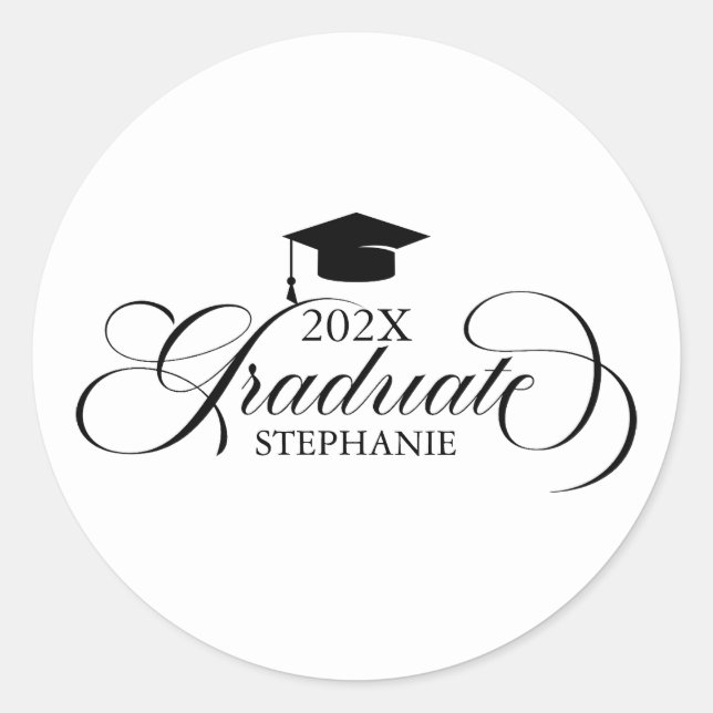 Graduate Elegant Black White Script Typography Classic Round Sticker (Front)