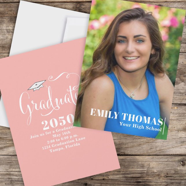 Graduate Elegant Calligraphy Script Blush Photo Invitation (Creator Uploaded)
