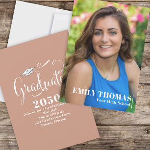 Graduate Elegant Calligraphy Script Tan Photo Invitation