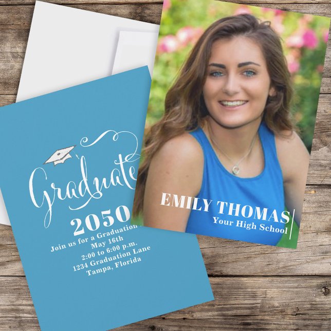 Graduate Elegant Calligraphy Script Teal Photo Invitation (Creator Uploaded)